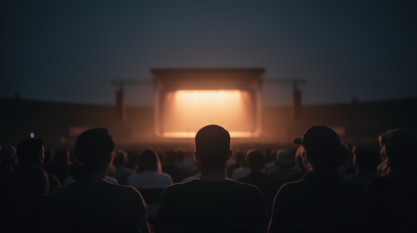 Silhouettes of an audience watching a lit stage at dusk